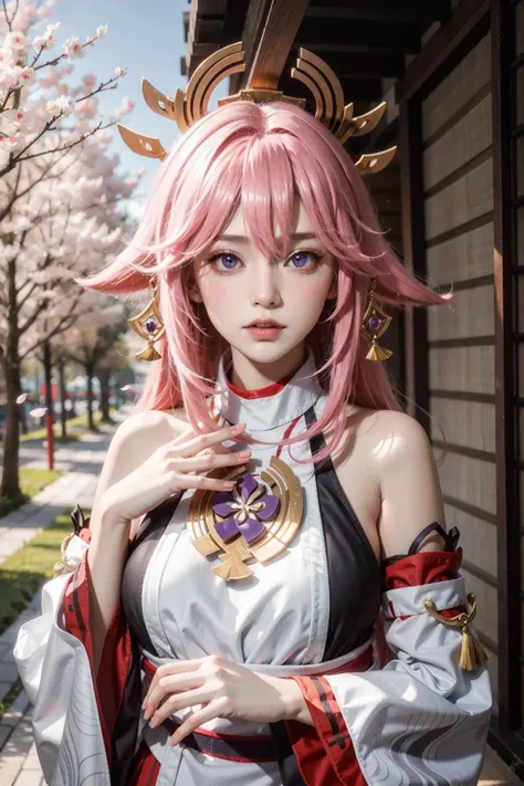 <lora:yae_miko:0.6>,yae_miko, 1girl, pink hair, purple eyes, long hair, fox ears, earrings, hair ornament, jewelry on the chest, yae miko's clothes, bare shoulders, detached sleeves, upper body, outdoors,sakura tree, sakura, sunshine