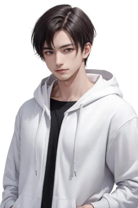 A man wearing a white hoodie, clean background, white background,Bright, high exposure,Best quality