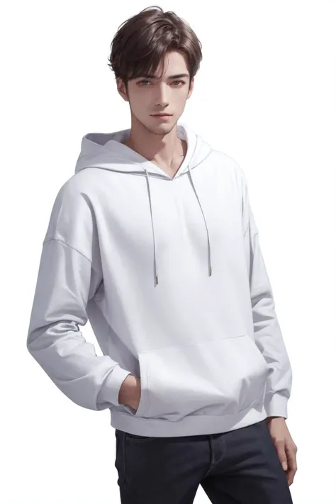 A man wearing a white hoodie, clean background, white background,Bright, high exposure,Best quality