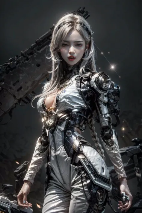 <(best quality, extremery best quality, masterpiece:1.4), (realistic, intricate details:1.4), (photorealistic:1.4), (extremely intricate:1.4), highres, ultra highres, ultra detailed, ultra-detailed, absurdres, incredibly absurdres, extremely detailed, high quality, high resolution, hyperrealistic, ultra-realistic, hyper-detailed, top quality, best, fine detail, massive detail, Highly detailed, extreme detailed, highest detailed, high-res, absolutely resolution, reflection, (refraction:1.4), (hyperrealism:1.4), ultra realistic details, highly intricate details, insane details>, BREAK, (1girl:1.3), solo, looking at viewer, (young cute beautiful 18-year-old girl:1.4), 3d face, (hand of Guido Daniele:1.4), beautiful girl, Beautiful face, pretty, girlface, kpop idol, supermodel, stunning innocent symmetry face, perfect body, medium breast, slim waist, slim legs, (high detailed skin:1.5), glowing eyes, goddess, natural skin texture, shiny skin, White skin, Beautiful detailed face, detailed face, real skin texture, cute delicate face, finely detailed face, golden ratio, golden ratio face, expressive eyes, perfect face, perfect skin, flawless face, clear face, shiny hair, pale skin, Proper body proportion, perfect anatomy, realistic skin texture, luscious lips, glossy lips, natural makeup, beautiful bright pupils, slender figure, intricate eyes, detailed pupils, detailed face and eyes, longeyelashes, blush, good hand, perfect hands, pretty face, beautiful female bodies, finely detailed skin, oily shiny skin, clean facial features, an extremely delicate and beautiful, cute & girly, beautiful detailed eyes, stars in the eyes, detailed simmetric eyes, perfect smooth skin texture, BREAK, (((((brilliant colors, (silver cloth, mecha hands, (holding big gun), silver mecha bodysuit, high cut bodysuit, moon surface, mecha arms, mecha jiont, sexy, slim, (white mecha), mecha leggings, Tangled wires, messy data cables, circuit console, in the style of energetic movement, low-angle, liquid metal inspired, long hair, gray hair:1.4), goddess women, aura, most beautiful artwork in the world, atmosphere, (neon, cyborg:1.2),(cyberpunk background:1.2), (sparkly:1.2), (Futuristic cyberpunk cityscape bathed in neon lights, a lone full mech tech robot:1.2), (dramatic, gritty, intense:1.4), (depth of field:1.7), slow-motion action sequences, surreal details, charging forward, (light anger:1.4), ( absurdly long hair:1.5), ((The girl looked disgusted)), (long legs:1.3), A shot with tension, (Visual impact, giving the poster a dynamic and visually striking appearance:1.2), impactful picture, (joshua middleton comic cover art, hypermaximalist, instagram contest winner, fashion color scheme, trending on cgsociety, playful illustrations, imaginative overlays, artistic fusion, fantastical scenes, evocative narratives, striking visuals:1.3), (Glowing ambiance, enchanting radiance, luminous lighting, ethereal atmosphere, mesmerizing glow, evocative hues, captivating coloration, dramatic lighting, enchanting aura:1.2), (moon, melanchonic soft light, photorealistic faces, moody lighting:1.4), (night, Night time, moon light, Golden Hour, sky, landscape, stars, starry, galaxy sky, milky way, night sky full of stars:1.2), (braids, floating hair, rock, bloom, bloom effect, random patterns, energetic movement, bold colors, dynamic texture, spontaneous creativity:1.2), (blush, Pink lips, Pink lip colour, flat bangs:1.4), (long_hair, outdoors:1.3), (breeze, dust is drifting, ethereal, scenery, nature, mysterious background, fog, wind:1.2), (iridescent colors, Iridescence, mysterious, fantasy background, fantasy, open mouth:1.2), (Luminescent Particles:1.3), (fullbody:1.2), (eye focus, face focus, character focus, close-up face:1.2), (dutch angle, cowboy shot:1.3), colorful refraction)))), BREAK, <hyper realistic DSLR photo, Nikon D5, cinematic portrait, portrait, ultra sharp, analog film photography, film emulation, bokeh, blurry noise background, watercolor, available light, detailed light, volumetric fog, beautiful lighting, Rembrandt lighting, Cinematic, pixel art, game art, key visual, surreal, PBR Texturing, Anisotropic Filtering, Maximum Clarity And Sharpness, Albedo And Specular Maps, Multi-Layered Textures, Surface Shading, Sub-Pixel Convolution, Sub-Pixel Convolution, Accurate Simulation Of Light-Material Interaction, blurry foreground, broad light, volumetric light effect, matte painting, perfectly defined features, volumetric lighting, Tone Mapping, Lumen Reflections, Global illumination, Ray Tracing, Screen Space Global Illumination, Accent Lighting, 32k, Natural Lighting, volumetric, cinematic masterpiece, Rule of thirds, high dynamic range, Multi-exposure HDR capture, cinematic render, game cg cinematic, atmospheric perspective, scene, epic dynamic frame, motion blur, ((cinematic look, Film look)), rim light, 4k textures, adobe lightroom, photolab, hyperdetailed, exposure blend, professional color grading, professional color correction, aerial perspective, particles and dust in beams of light, cinematic scene, dynamic lighting, sharp details, lomography, soft focus, light leaks, bold hues, atmospheric depth, (explosive light and shadow:1.2), aesthetics, intricate designs, ultra realistic digital art, (zentangle, mandala, tangle, entangle), (fractal art), elegant, vivid colours, floating particles, particles, epic, (ink drawing, oil painting detailed), RAW, huge filesize, extremery detailed CG, Photo, 8k uhd, cinematic atmosphere, trending on artstation, award-winning glamour photograph, highly detailed photo, official art, beautiful and aesthetic, unity 8k wallpaper, beautiful, highly detailed CG illustration, best illustration, intricate, Amazing, emotional, analog, painting, digital painting, concept art, Oil Painting, illustration, Classical art, Renaissance, Romanticism, Neoclassicism, Color Palette, depth and contrast, Vibrant colors, saturated, rich saturation, color harmony, vivid palette, concept-art, design style, detail character, concept render, colorful, analog photography, dreamy atmosphere, specular highlights, atmospheric lighting, (dynamic angle, dynamic pose :1.3), (shiny, clothes reflecting light, lens flare, bloom effect, light particle, lens glare:1.3), realistic light, realistic lighting, cinematic light, (cinematic lighting), light in the face, soft lighting, saturated colors, detailed background, sharp focus, 8k high definition, perspective, Master Composition, roughness, post-processing, soft shadows, realistic shadows, ambient occlusion, ray-tracing, subsurface scattering, photon mapping, physically-based rendering, octane rendering, unreal engine 5, ue5 rendering, Adobe After FX, dslr, RTX, Best character details, radiosity, sharp, antialiased, RAW photo, HDR, 8k, 4k, (((Photographed by Roger Deakins, using a RED Monstro 8K VV camera and a series of high-end lenses))), ((Hasselblad photography)), (film grain:1.4), Kodak portra 400, ((Fujifilm X-T5)), professional photograph, caustics, Broad lighting, diffuse lighting, rim lighting, two tone lighting, textile details, visible pores, high resolution scan, professionally color graded, photographic reality, automatic white balance, best lighting, detailed shadow, high contrast, strong light and shadow>, (PureErosFace_V1:0.4), (ulzzang-6500:0.6), <lora:epiNoiseoffset_v3:2>, <lora:add_detail:0.6>, <lora:hipoly_3dcg_v7-epoch-000012:0.6>, (kbxll:0.6), <lora:more_details:0.6>, <lora:white mecha v1:0.6>