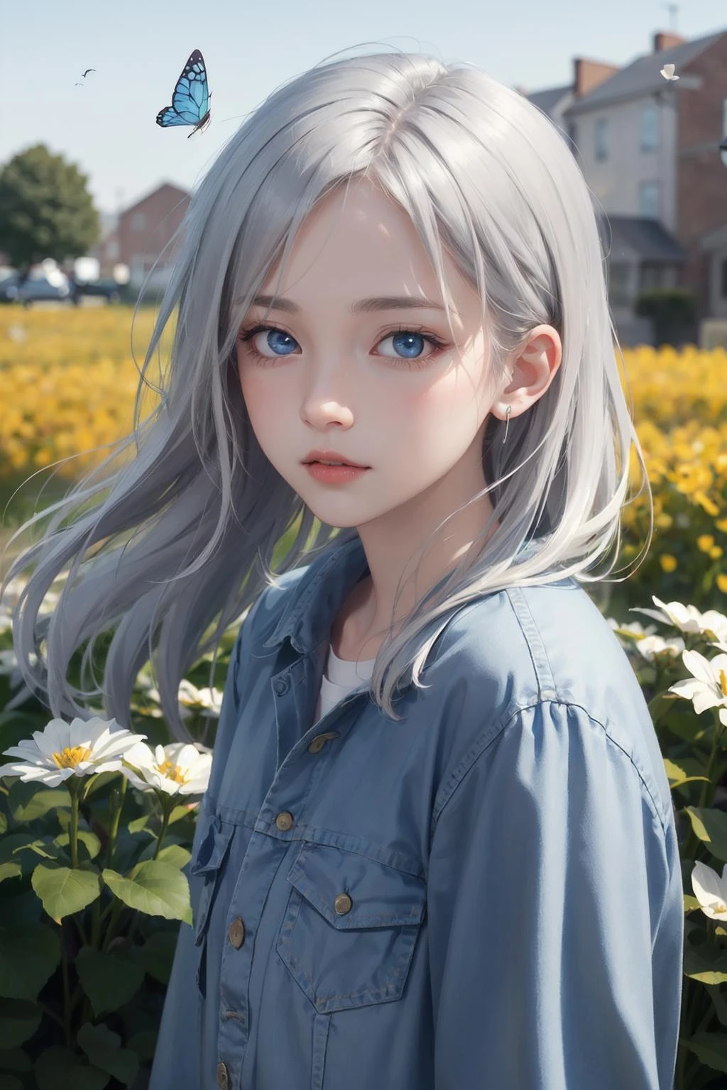 original, (masterpiece), (extremely fine and beautiful), perfect detailed, photorealistic, (beautiful and clear background:1.25), (depth of field:0.7), (1 cute girl stands in the garden:1.1), (cute:1.35), (detailed beautiful eyes:1.3), (beautiful face:1.3), casual, silver hair, silver ear, (blue hair:0.8), (blue ear:0.8), long hair, coat, short skirt, hair blowing with the wind, (blue eye:1.2), flowers, ( girl:0.65), butterflys flying around