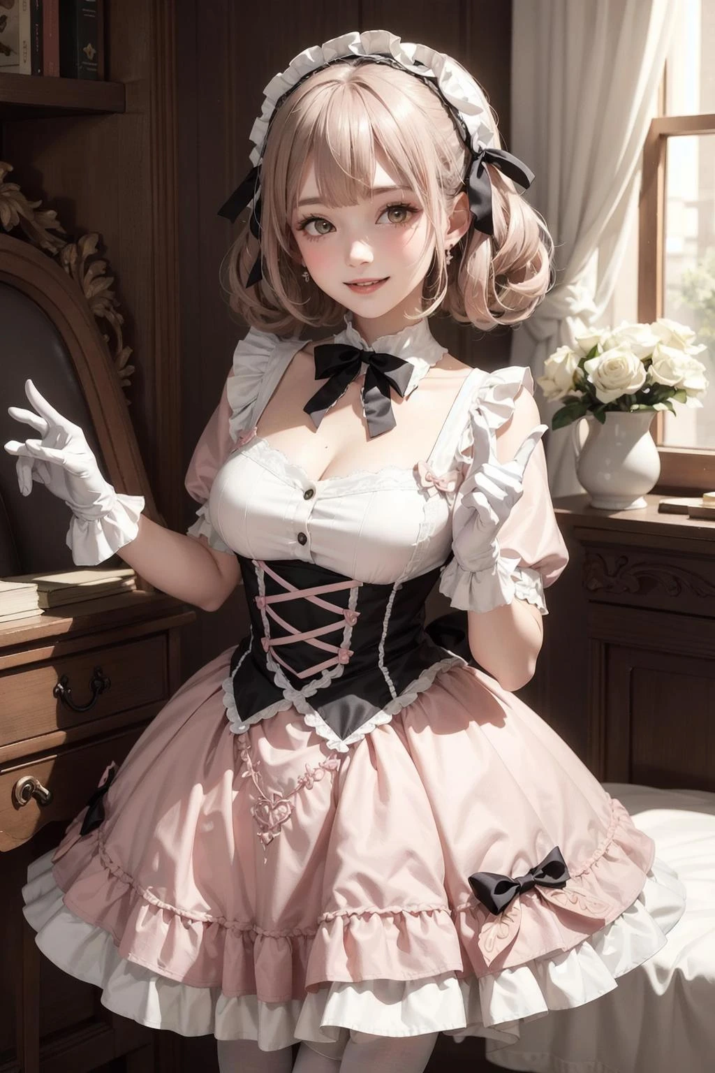 (1girl)wearing a skirt, best quality, looking at the audience,,colorful,light <lora:ARWSweetLolita:1>,sweetlolita at bedroomgothic gothic interior, yellow dress fabric, heart shape on cheek, blush pink makeup, gloves, smile, pastel color, ornate,