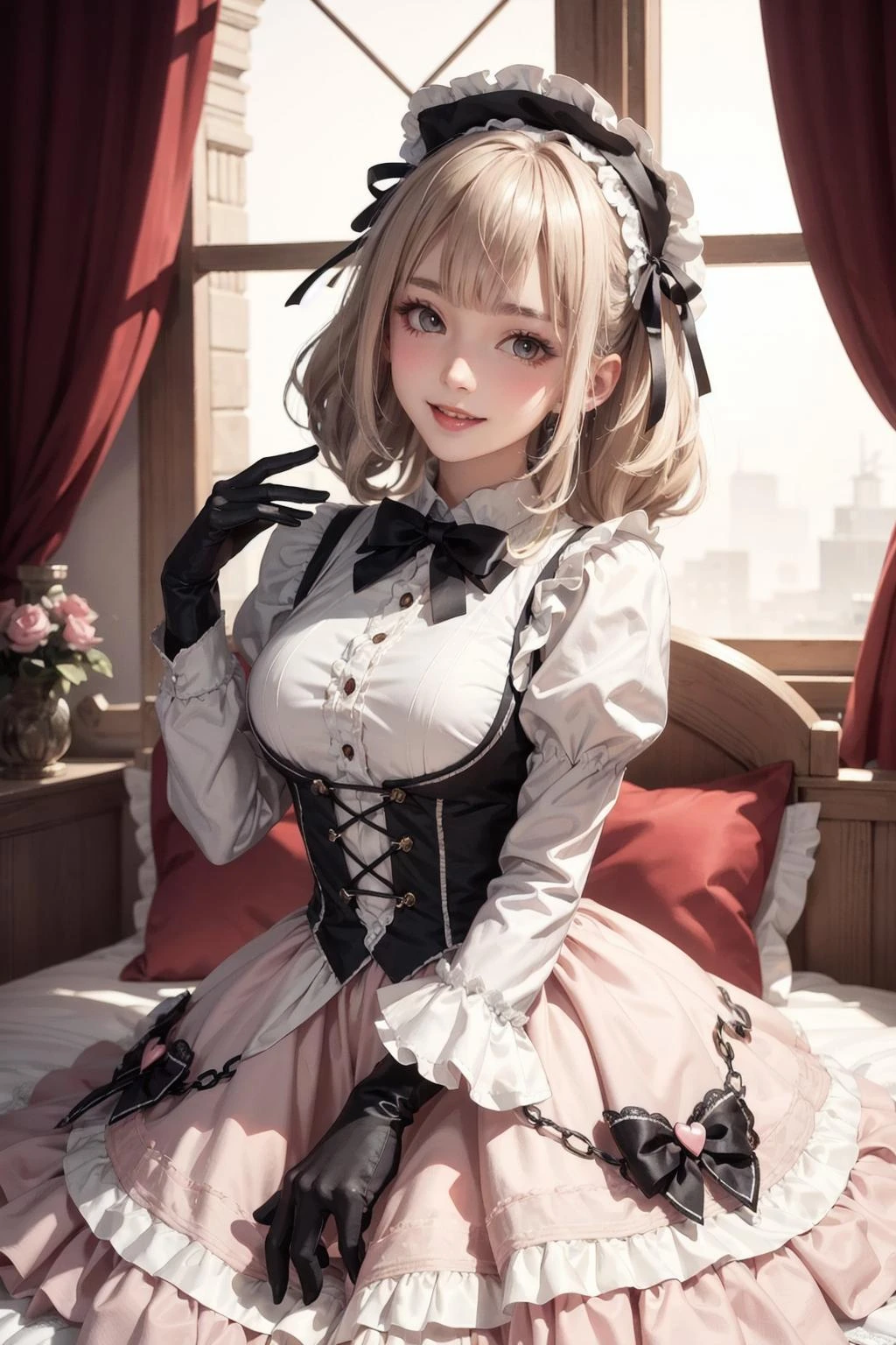 (1girl)wearing a skirt, best quality, looking at the audience,,colorful,light <lora:ARWSweetLolita:1>,sweetlolita at bedroomgothic gothic interior, yellow dress fabric, heart shape on cheek, blush pink makeup, gloves, smile, pastel color, ornate,