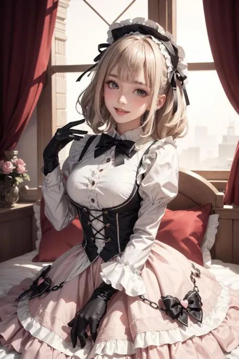 (1girl)wearing a skirt, best quality, looking at the audience,,colorful,light <lora:ARWSweet****ta:1>,sweet****ta at bedroomgothic gothic interior, yellow dress fabric,  heart shape on cheek, blush pink makeup, gloves, smile, pastel color, ornate,