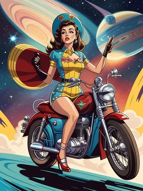 1950s Pinup Pop_art Toon Style, Atompunk [ marina visconti|Lily-Rose Depp] riding a [racing motorcycle|rocket ship spacecraft, ]  through a Minor Planet in the Sombrero Galaxy. Sponsored by Dr. Pepper Soda, english_text, logo, large font book_title: "X=MANIA", 
illustration by Mike Mignola,