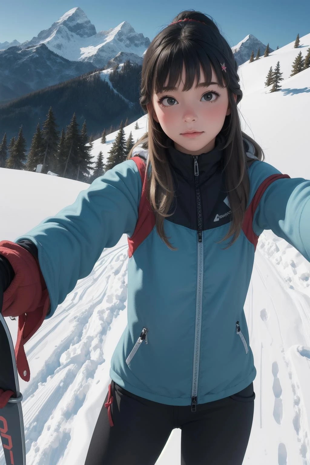 (masterpiece, best quality), 1girl, selfie, mountains, ski