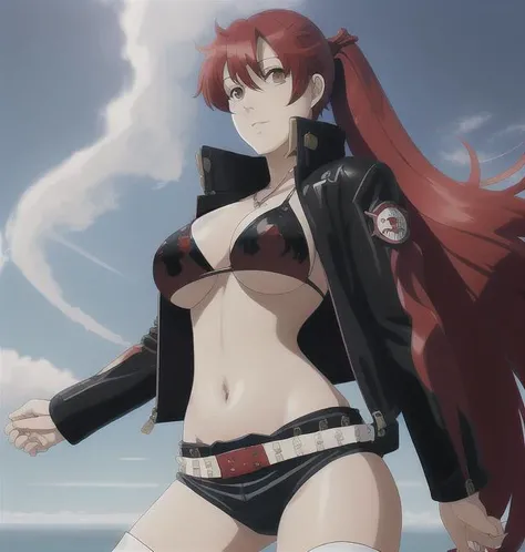 masterpiece, bestquality, realism, realistic, kneel up portrait of mature woman, white belt,jacket with fire pattern,black jacket,shorts,black shorts,long red hair,pony tail,side bangs,bikini,bikini with fire pattern, reavealing clothes, sexy, evovative <lora:yokoLittnerLoraAdult_yokoLittnerV10:0.6>