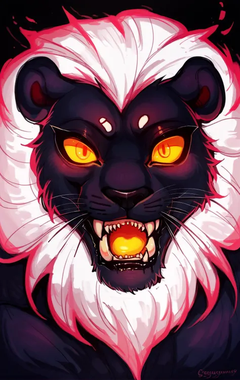 score_9,score_8_up,score_7_up,score_6_up,score_5_up,score_4_up solo,looking at viewer,open mouth,simple background,yellow eyes,no humans,glowing,animal,fangs,fire,black background,glowing eyes,animal focus,whiskers,lion <lora:Lunas-GreenuCorm-SDXL-A1:0.5>,neon, colored outlines, glow, rimlight, <lora:fluffydango-artist-richy-v1_pdxl:0.8>, <lora:Lunas-Megrocks-SDXL-A1:0.8>