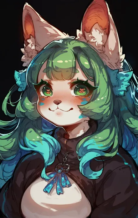 score_9,score_8_up,score_7_up,score_6_up,score_5_up,score_4_up 1girl,solo,long hair,looking at viewer,blush,smile,bangs,animal ears,closed mouth,green eyes,blue hair,heart,multicolored hair,green hair,animal ear fluff,symbol-shaped pupils,:3,facial mark,heart-shaped pupils,black background,portrait,furry,furry female,white fur,animal nose <lora:Syvaron:0.6>, <lora:Lunas-GreenuCorm-SDXL-A1:0.8>,neon, colored outlines, glow, rimlight, black background, <lora:Himukai_Yuuji_XL:0.8>