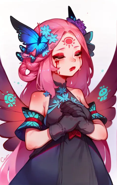 score_9,score_8_up,score_7_up,score_6_up,score_5_up,score_4_up 1girl,solo,long hair,bangs,simple background,hair ornament,gloves,white background,bare shoulders,closed mouth,closed eyes,pink hair,flower,wings,black gloves,shiny,tears,hair flower,star (symbol),blurry,shiny hair,gradient,parted bangs,gradient background,blood,makeup,facial mark,own hands together,bug,butterfly,portrait,facing viewer,forehead mark,red lips,own hands clasped <lora:Tomaco:0.3>,<lora:Hochihochiha:0.8>, <lora:Syvaron:0.6>, <lora:Lunas-GreenuCorm-SDXL-A1:0.8>