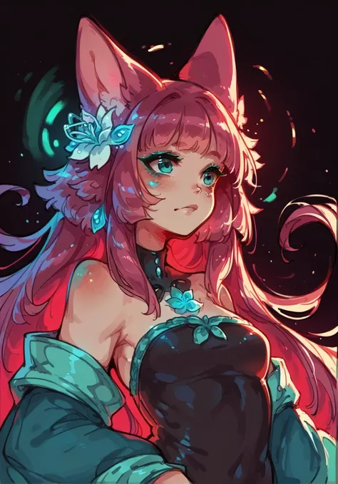 score_9,score_8_up,score_7_up,score_6_up,score_5_up,score_4_up lily pad, upper body, cyan eyes, magenta hair, wolf ears,wolf tail, strapless dress, absurdly long hair, <lora:Syvaron:0.6>, <lora:Lunas-GreenuCorm-SDXL-A1:0.8>,neon, colored outlines, glow, rimlight, black background, <lora:Himukai_Yuuji_XL:0.8>,