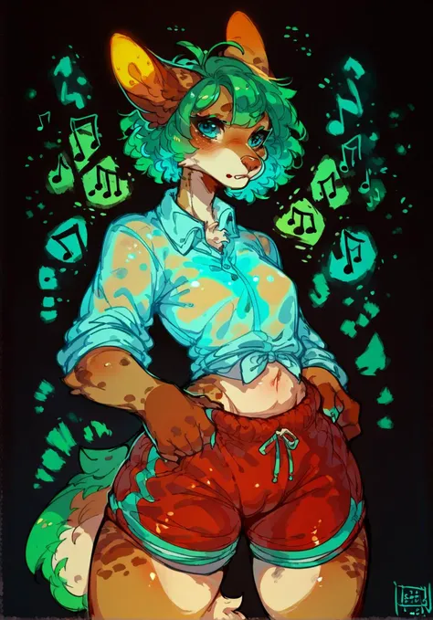 score_9,score_8_up,score_7_up,score_6_up,score_5_up,score_4_up rating_explicit,nsfw, music, cowboy shot, azure eyes, green hair, furry, collared shirt,swim shorts, <lora:Syvaron:0.6>, <lora:Lunas-GreenuCorm-SDXL-A1:0.8>,neon, colored outlines, glow, rimlight, black background, <lora:Himukai_Yuuji_XL:0.8>,