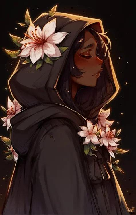score_9,score_8_up,score_7_up,score_6_up,score_5_up,score_4_up 1girl,solo,long hair,blush,simple background,white background,closed eyes,upper body,flower,artist name,dark skin,hood,from side,dark-skinned female,coat,profile,leaf,hood down,white flower <lora:Syvaron:0.6>, <lora:Lunas-GreenuCorm-SDXL-A1:0.8>,neon, colored outlines, glow, rimlight, black background