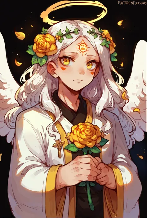 score_9,score_8_up,score_7_up,score_6_up,score_5_up,score_4_up solo,long hair,looking at viewer,hair ornament,1boy,closed mouth,yellow eyes,upper body,flower,white hair,male focus,wings,hair flower,petals,glowing,rose,wavy hair,halo,facial mark,black background,feathered wings,angel wings,robe,forehead mark,yellow flower,white wings,angel,head wreath,orange flower,yellow rose,white robe <lora:Syvaron:0.4>, <lora:Lunas-GreenuCorm-SDXL-A1:0.5>,neon, colored outlines, glow, rimlight, <lora:Himukai_Yuuji_XL:0.5>, <lora:fluffydango-artist-richy-v1_pdxl:0.8>,