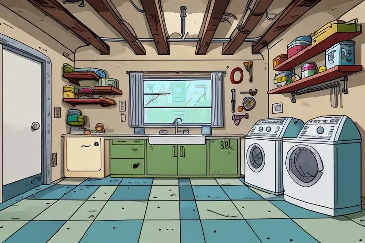 cartoon basement, washing machine and dryer, shelves of canned food, masterpiece, 8k uhd