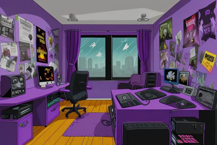 cartoon, goth emo bedroom, desk, computer, gamer chair, posters on the wall, window to city, masterpiece, 8k uhd