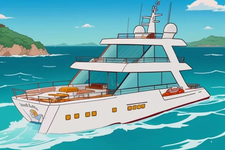 cartoon yacht on the ocean, expensive, perfect day, masterpiece, 8k uhd