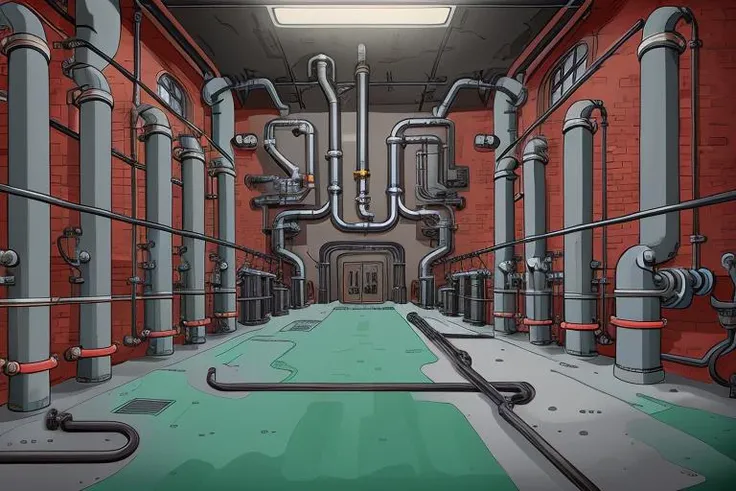 cartoon factory interior, pipes, machinery, large metal door, computer on wall, controls, masterpiece, 8k uhd