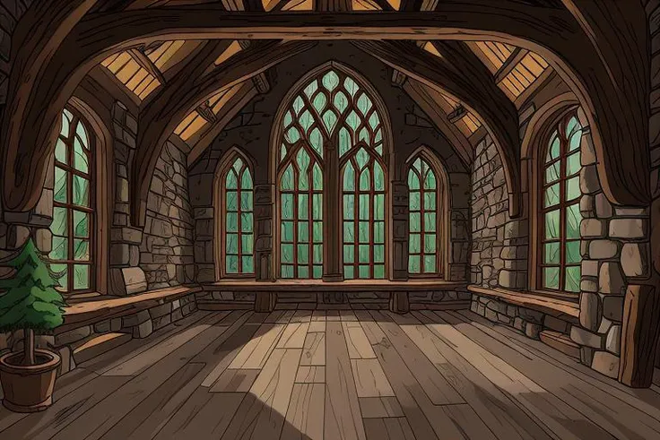 anime, castle tower interior, wood floors, stone wall, large window, forest outside, highest quality, masterpiece, 8k uhd
