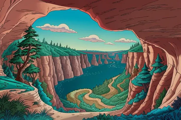cartoon forest, cliffs, canyons, winding river, blue skies, cave, masterpiece, 8k uhd