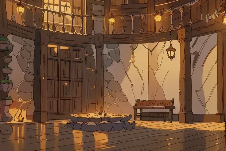 (masterpiece quality, best quality), inside a large guild hall, cozy fantasy style, warm lighting, background imagery, natural elements, <lora:simpsons:1>