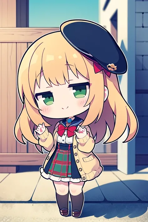 <lora:hotarueye_jitome18_v100:1>
insanely detailed, absurdres, ultra-highres, ultra-detailed, best quality,
1girl, solo, nice hands, perfect hands,
BREAK
(vintage-inspired beret with flower pin:1.3), (navy and red plaid dress:1.5), (golden buttons down the front:1.2), (ivory blouse with ruffle detailing and red bow tie:1.4), (peach cardigan with cable knit pattern:1.3), (black tights:1.1), (red Mary Jane shoes:1.2)
BREAK
happy smile, laugh, closed mouth, standing,
45 angle,
cute pose, cowboy shot,
BREAK
slender, kawaii, perfect symmetrical face, ultra cute girl, ultra cute face, ultra detailed eyes, ultra detailed hair, ultra cute, ultra beautiful,
BREAK
in harajuku, shibuya, tokyo, street, crowd, cityscape,
BREAK
medium breasts,
(orange medium hair, green eyes), hime cut