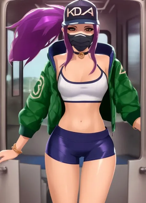 <lora:lol-kda-06:0.8>, masterpiece, detailed, high quality, k/da (league of legends), 1girl, solo, long hair, breasts, looking at viewer, gloves, hat, navel, jewelry, jacket, ponytail, purple hair, open clothes, choker, midriff, bracelet, open jacket, crop top, makeup, mask, glowing, letterboxed, baseball cap, cropped jacket, mouth mask, idol, train interior,