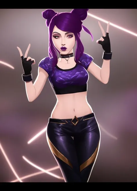 <lora:lol-kda-06:0.8,> masterpiece, detailed, high quality, k/da (league of legends), 1girl, solo, breasts, gloves, navel, medium breasts, purple eyes, purple hair, choker, black gloves, midriff, fingerless gloves, hair bun, crop top, makeup, black choker, lipstick, letterboxed, purple lips, pants,