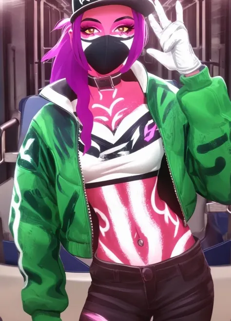 <lora:lol-kda-06:0.8>, masterpiece, detailed, high quality, k/da (league of legends), 1girl, solo, long hair, breasts, looking at viewer, gloves, hat, navel, jewelry, jacket, ponytail, purple hair, open clothes, choker, midriff, bracelet, open jacket, crop top, makeup, mask, glowing, letterboxed, baseball cap, cropped jacket, mouth mask, idol, train interior, bodypaint, graffiti, neon lights