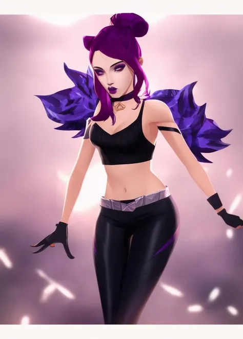 <lora:lol-kda-06:0.8,> masterpiece, detailed, high quality, k/da (league of legends), 1girl, solo, , gloves, navel, , purple eyes, purple hair, choker, black gloves, midriff, fingerless gloves, hair bun, crop top, makeup, black choker, lipstick, letterboxed, purple lips, pants,