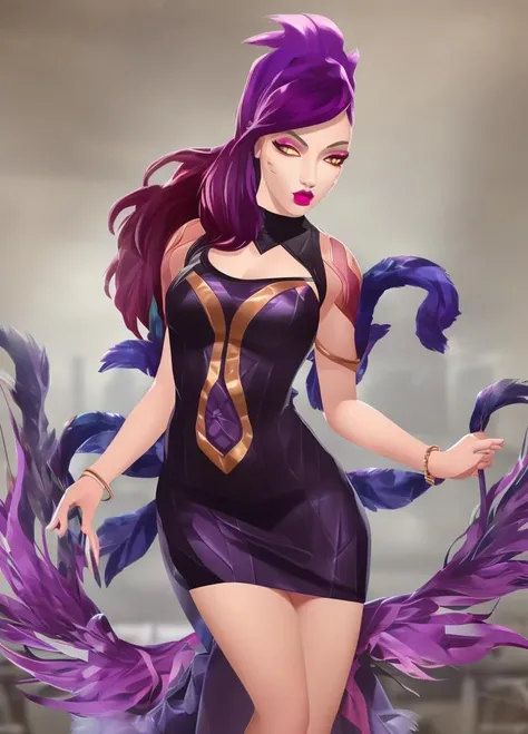 <lora:lol-kda-06:0.8>, masterpiece, detailed, high quality, k/da (league of legends), 1girl, solo, breasts, skirt, jewelry, bracelet, makeup, lipstick, standing, multicolored hair, pink hair, purple hair, black dress, formal dress yellow eyes, feather boa, navel cutout,