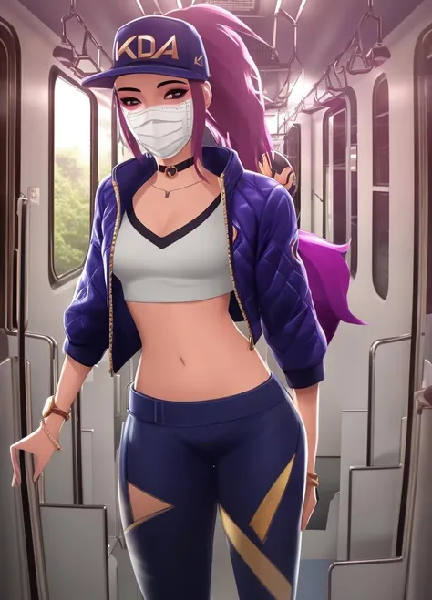 <lora:lol-kda-06:0.8>, masterpiece, detailed, high quality, k/da (league of legends), 1girl, solo, long hair, , looking at viewer, gloves, hat, navel, jewelry, jacket, ponytail, purple hair, , choker, midriff, bracelet, open jacket, crop top, makeup, mask, glowing, letterboxed, baseball cap, cropped jacket, mouth mask, idol, train interior,
