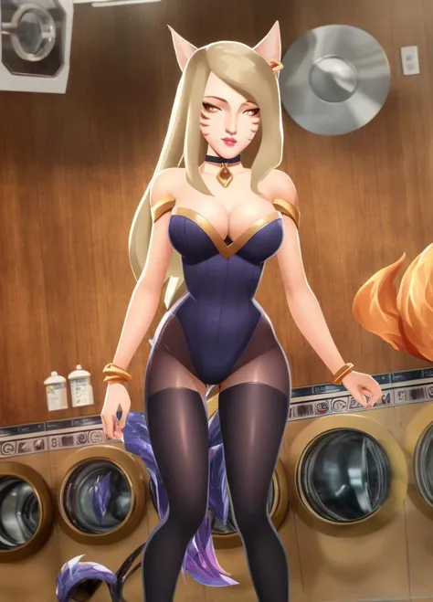 <lora:lol-kda-06:0.8> masterpiece, detailed, high quality, k/da (league of legends), 1girl, solo, long hair, breasts, bangs, blonde hair, large breasts, thighhighs, animal ears, cleavage, bare shoulders, jewelry, tail, yellow eyes, heart, earrings, choker, bracelet, leotard, fox ears, makeup, fox tail, facial mark, letterboxed, whisker markings, heart choker, speaker, washing machine,