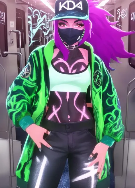 <lora:lol-kda-06:0.8>, masterpiece, detailed, high quality, k/da (league of legends), 1girl, solo, long hair, breasts, looking at viewer, gloves, hat, navel, jewelry, jacket, ponytail, purple hair, open clothes, choker, midriff, bracelet, open jacket, crop top, makeup, mask, glowing, letterboxed, baseball cap, cropped jacket, mouth mask, idol, train interior, bodypaint, graffiti, neon lights