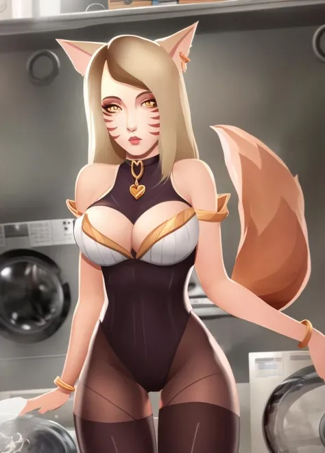 <lora:lol-kda-06:0.8> masterpiece, detailed, high quality, k/da (league of legends), 1girl, solo, long hair, breasts, bangs, blonde hair, large breasts, thighhighs, animal ears, cleavage, bare shoulders, jewelry, tail, yellow eyes, heart, earrings, choker, bracelet, leotard, fox ears, makeup, fox tail, facial mark, letterboxed, whisker markings, heart choker, speaker, washing machine,