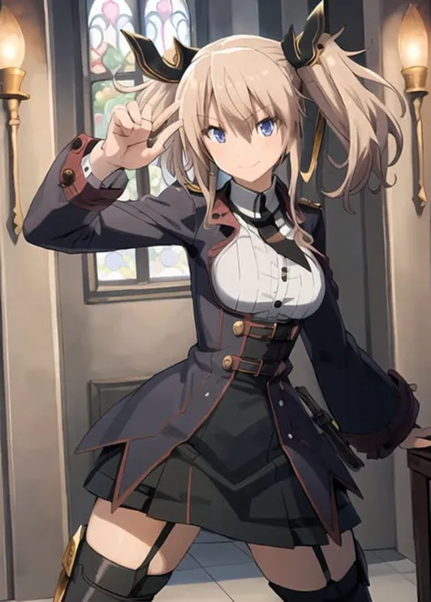 (masterpiece, best quality,extreme detailed beautiful eyes), best illumination, perfect lighting,look at viewer, (1 girl, solo,cathedral, full body,dynamic angle),(fighting stance:1.2), (smile,shiny_eyes,face,large_breasts),<lora:sasha_lycoris_bf16:0.65>,sashanecron,hair_ribbon,twintails,high heel boots,dress, jacket,garter_straps,thigh_boots, thighhighs, zettai_ryouiki,hair_ornament,fingerless_gloves, long sleeves,