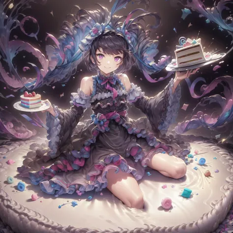 masterpiece, best quality, highres, ultra-detailed,  <lora:SuzetteAnotherEden:0.8> suzette_anothereden, normal_style_outfit, smile, sitting, (cake:1.4), <lora:CandyMagic-22:0.9> candymagic , vibrant , sugary aura