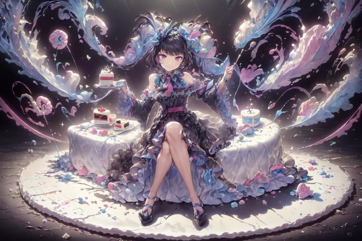 masterpiece, best quality, highres, ultra-detailed,  <lora:SuzetteAnotherEden:0.8> suzette_anothereden, normal_style_outfit, smile, sitting, (cake:1.4), <lora:CandyMagic-22:1> candymagic , vibrant , sugary aura