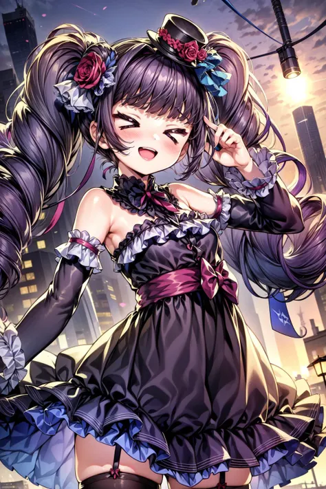 masterpiece,best quality,1girl,suzette_anothereden,purple hair,twin drills,very long hair,hair ornament,hair flower,mini hat,normal_style_outfit,purple dress|black dress,frilled dress,bare shoulders,detached sleeves,purple thighhighs,garter straps,rose,(> <:1.5),smile,open mouth,arm up,dynamic pose,dutch angle,city,(science fiction),outdoors,<lora:Concept-control tool-add_detail-CyberAIchemist:0.7>,<lora:SuzetteLoraModel:0.7>,<lora:test2>,