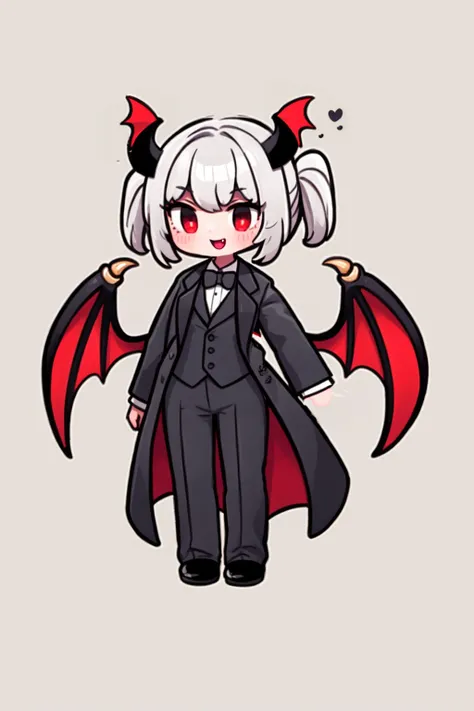 full body, solo, 1girl, mature, solid background, vampire, head_wings, demon_wings, red_eyes, wearing tuxedo <lora:KawaiiVibes_V3_prunned_fp16:1.5>, <lora:Narcissists_chibi:0.6>