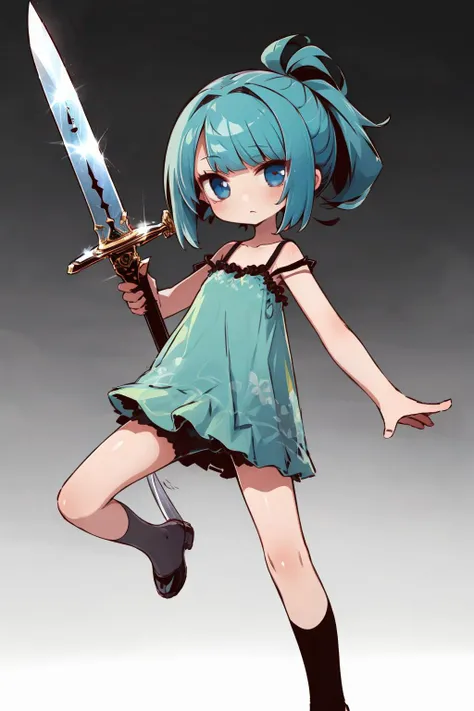 masterpiece,best quality,chibi,<lora:qban_v1-000012:1>,1girl,camisole,innocent eyes,holding a sword,