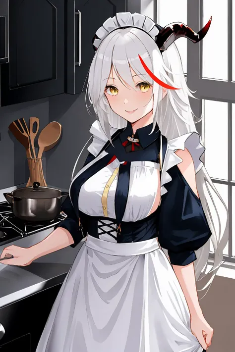 agir(azur lane), 1girl, breasts, mature female,demon horn, yellow eyes, large breast,long hair, white hair , red hair ,swept bangs, multicolored hair,maid headdress, maid apron, maid outfit , standing , kitchen, smile , happy , looking at viewer, <lora:agir:0.7>