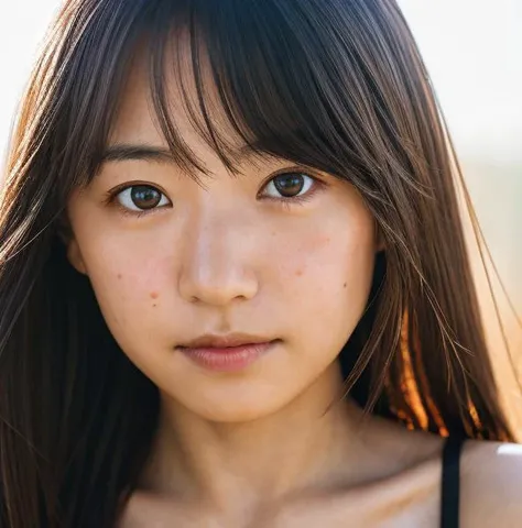 realistic, photorealistic, detailed, beautiful, RAW photo, film grain, (natural lighting :1.2), (wrinkled skin:1.1),
japanese, 1girl, happy, long black hair, brown eyes, bangs, bra, close-up, facing viewer, photo background