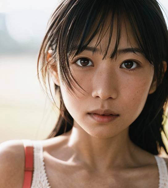 realistic, photorealistic, detailed, beautiful, RAW photo, film grain, (natural lighting :1.2), (wrinkled skin:1.1),
japanese, 1girl, happy, long black hair, brown eyes, bangs, bra, close-up, facing viewer, photo background