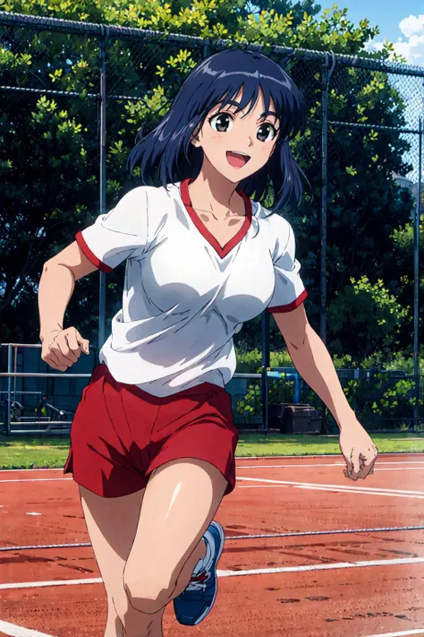 , best quality, masterpiece,suoumikoto, 1girl, solo, open mouth, blue hair, gym uniform, smile, black eyes, , red shorts, collarbone <lora:suoumikoto:0.8>, athletic track, outdoors, large breasts, running, medium hair,