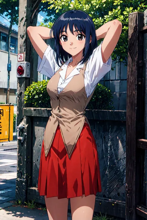 , best quality, masterpiece, suoumikoto, 1girl, summer school uniform, summer school uniform, short sleeves, white shirt, vest, red skirt <lora:suoumikoto6:1>, closed mouth, street, arms behind head, blue hair, black eyes, medium hair, light smile,