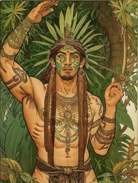 NSFW (nude) (male with a huge tiki mask and penis) full body, standing on a deserted beach