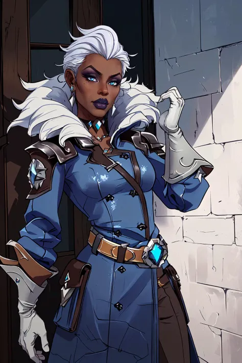(masterpiece,best quality,absurdres,beautiful,sharp,detailed),1girl,aureliahammerlock,dark skin,makeup,gloves, jewelry, belt, earrings, white hair, fur trim, coat <lora:aureliahammerlock:0.8>