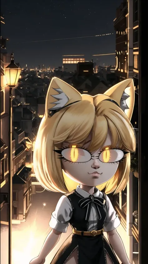 Highest quality, Highest resolution, Perfect details, Best anime style, perfect lighting, tang, hair over one eye, makeup, eyeshadow, furry female, body fur, detailed eyes, yellow eyes, blond hair, freckles, long hair, colored skin, furry, animal nose, raining, looking down, in the middle of a lonely street during night time, moon, raining, dark, looking down, front view, sad, medium breasts, clothed, skirt, t-shirt,