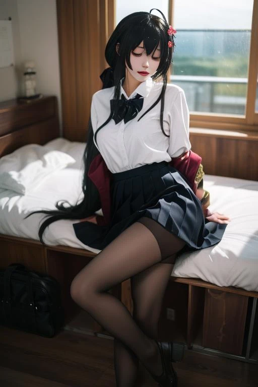 1 girl as yukino yukinoshita, absurdres, highres, solo, school uniform, big breasts, waist long black hair, (twintails:0.5), miniskirt, black thighhigh socks, loose red ribbon, unbuttoned white shirt, (ahegao:1.1), (rolling eyes:1.5), (female masturbation:1.1)